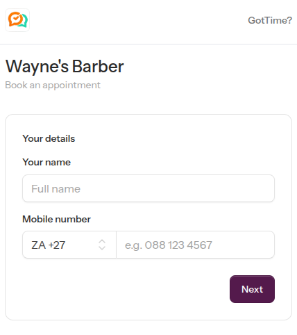 GotTime web booking form: choose service, date, and time with name and WhatsApp number