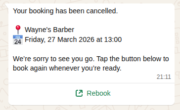 WhatsApp cancellation confirmation after replying CANCEL